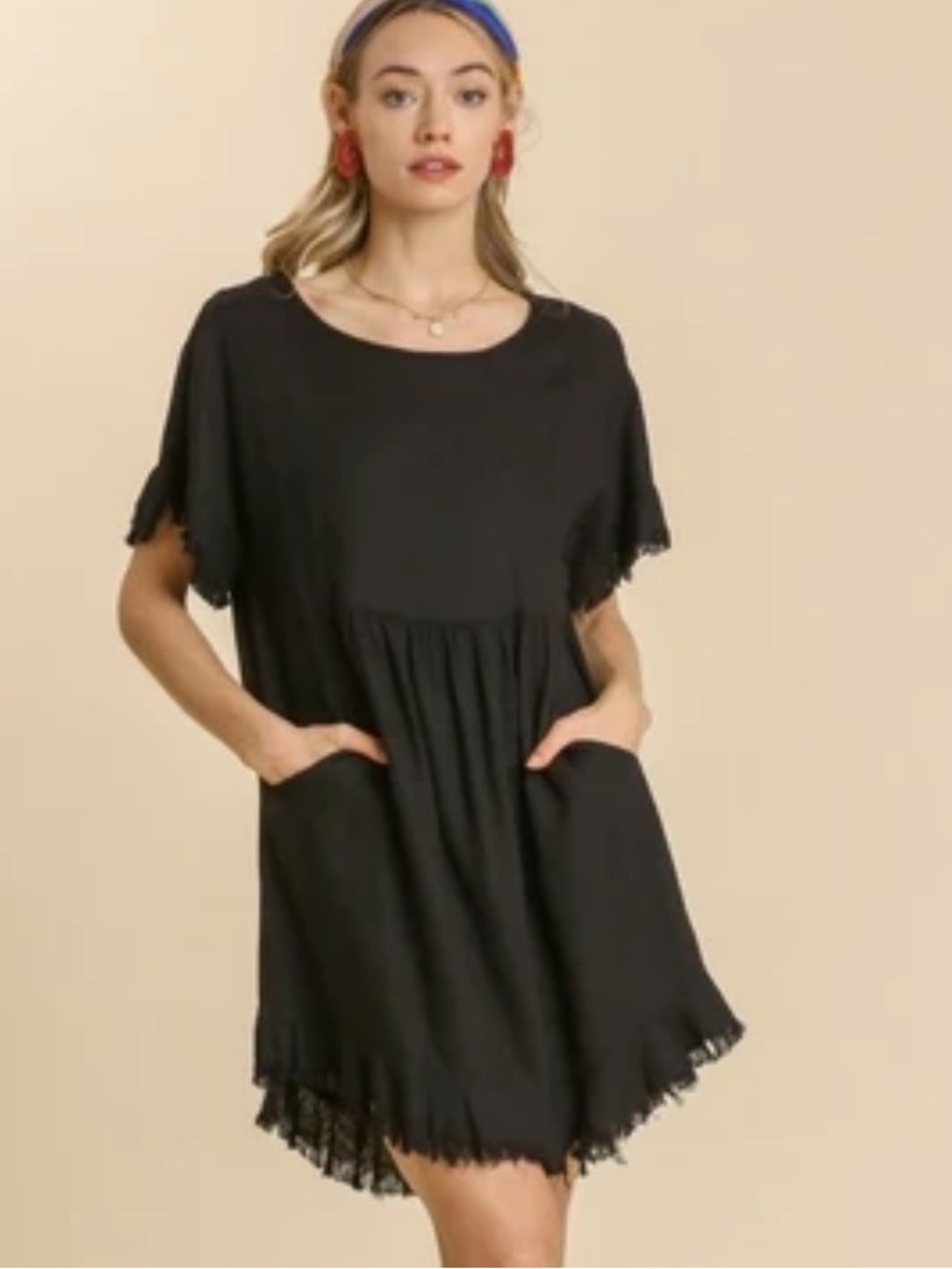 Umgee Short Linen Blend Fringe Frayed Dress in Black Size 1X